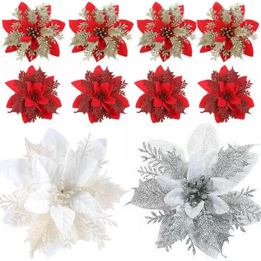 Artificial Fake Flowers Christmas Tree Poinsettia Glitter Xmas Decoration